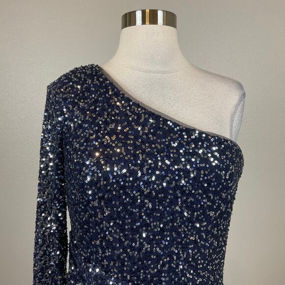 Betsy & Adam Women's Cocktail Dress Size 10 Blue Sequined One Shoulder Sheath - Picture 7 of 14